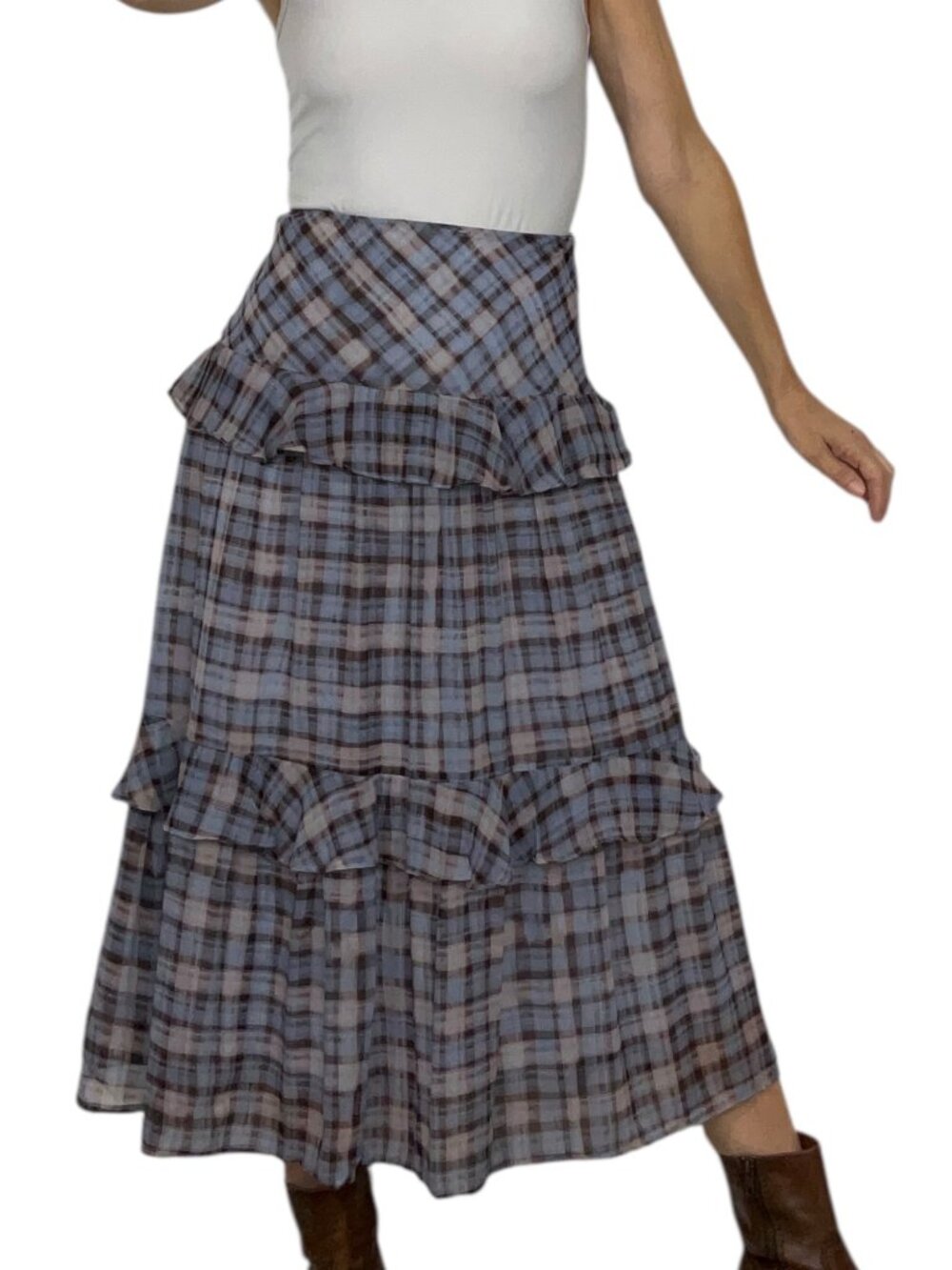 En Saison Briar Plaid Ruffle Tiered Midi Skirt XS Brown Blue Western - Picture 2 of 13